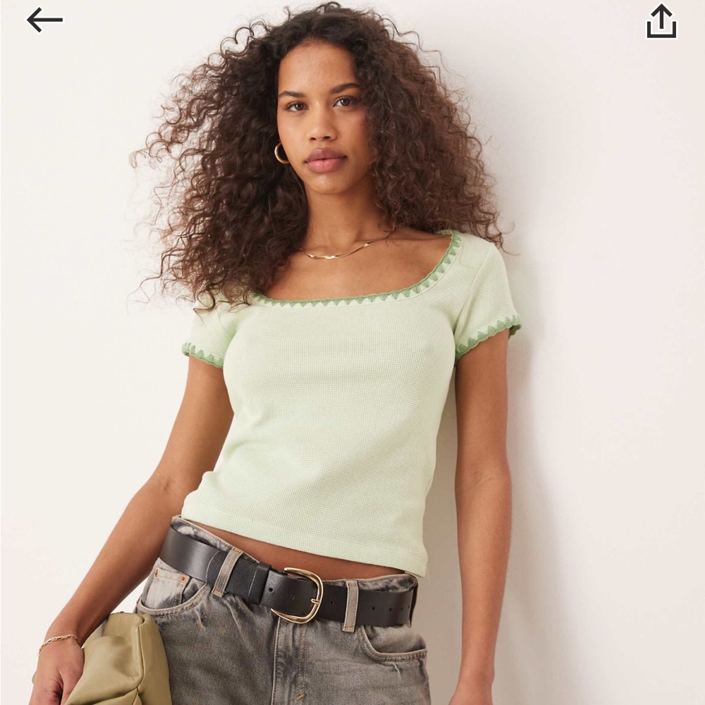 ASOS Square Neck Sage Green Short Sleeve Waffle Top w/ Blanket Stitch Size L